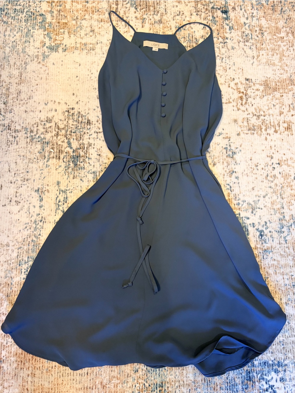 LOFT Smokey/Gray-Blue Sleeveless Flare Dress with Button Detail